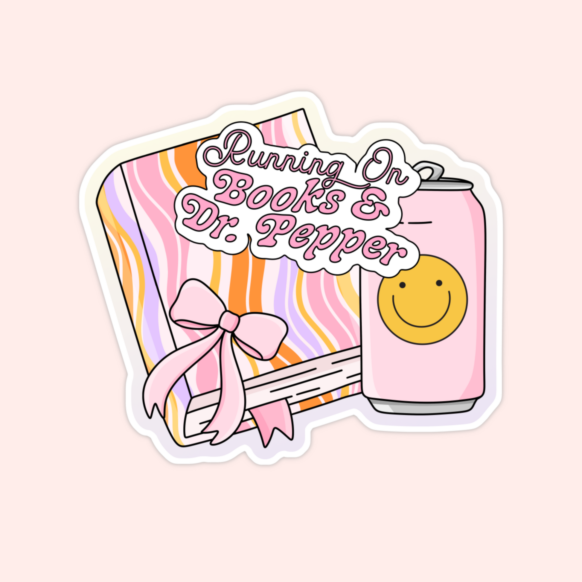 Striped book with a pink bow and a pink soda can with a smiley face that says "Running on Books & Dr. Pepper."