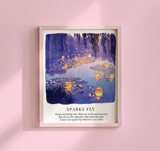 Taylor Swift Sparks Fly inspired art print featuring glowing lanterns floating on water at night with a dreamy aesthetic