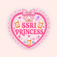 Pink heart sticker with lace, a bow, pill bottles, medication, hearts, sparkles, and text that says SSRI Princess.