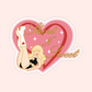 Retro pinup girl sticker inside a pink heart that says “Short n’ Sweet,” inspired by Sabrina Carpenter pop princess aesthetic.