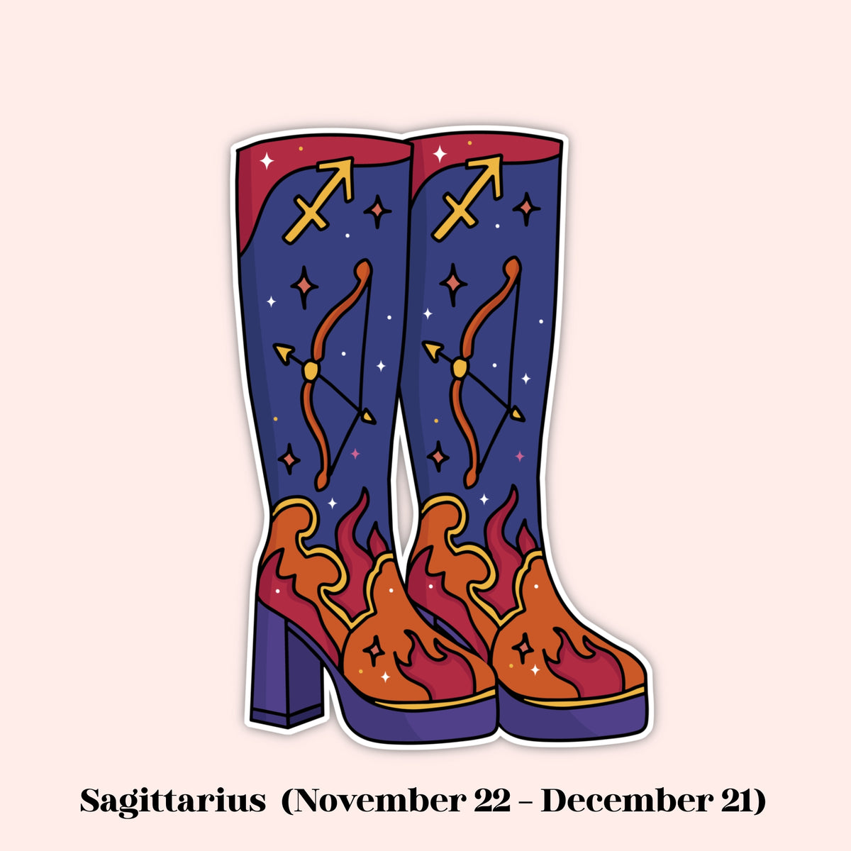 A die-cut sticker or graphic of a pair of tall heeled boots with a Sagittarius zodiac theme, shown on a pale pink background with the text 'Sagittarius (November 22 - December 21)' below.