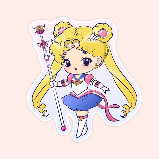 Sticker of a chibi-style magical girl with long blonde hair, blue and pink outfit, and a wand.