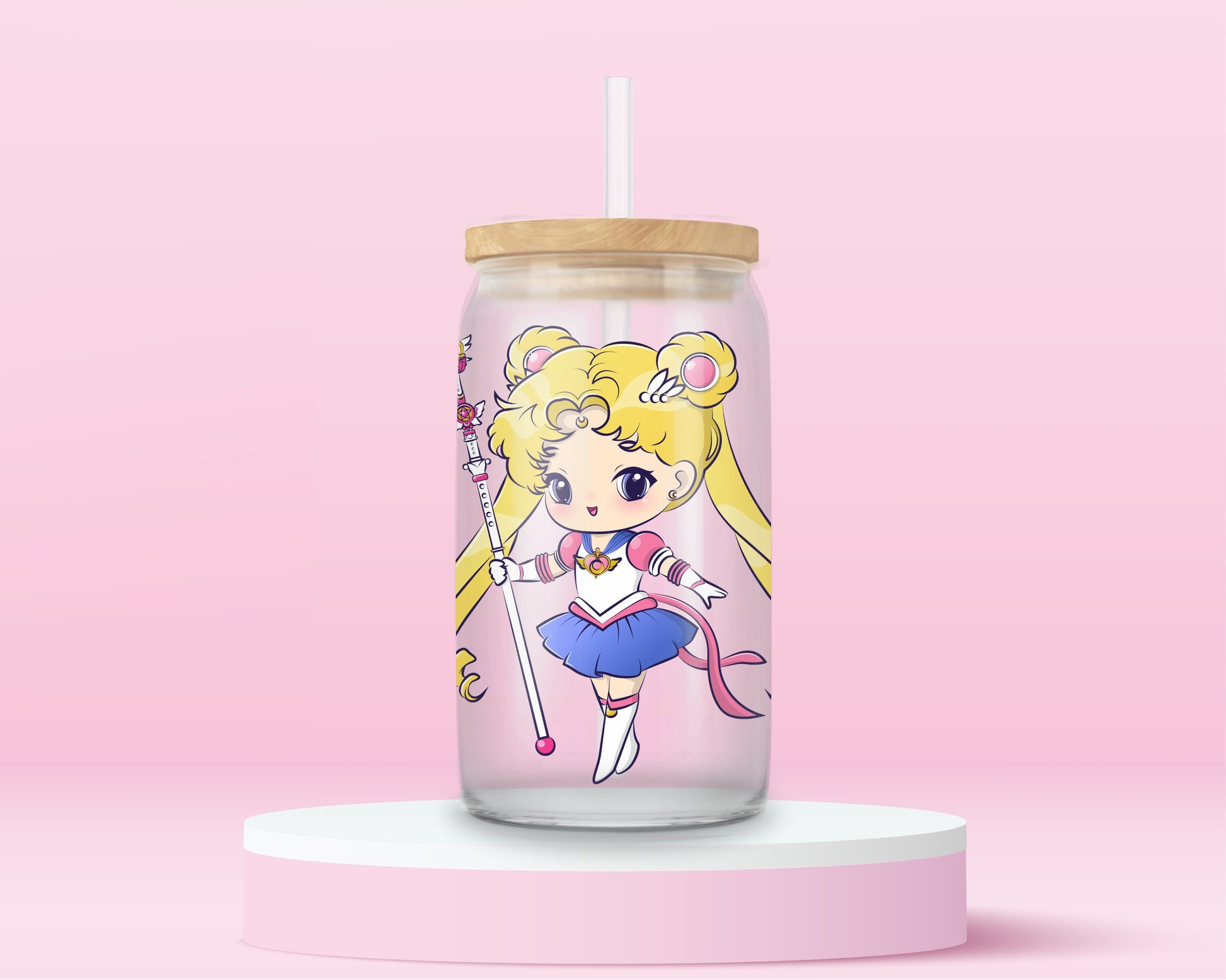 glass tumbler featuring Sailor Moon in chibi form with her wand and long blonde pigtails, bamboo lid and straw.