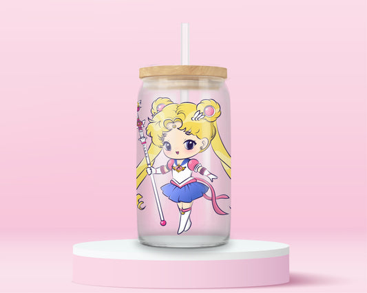 glass tumbler featuring Sailor Moon in chibi form with her wand and long blonde pigtails, bamboo lid and straw.