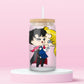 glass tumbler with chibi Sailor Moon hugging Tuxedo Mask in pastel style, with bamboo lid and straw.