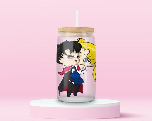 glass tumbler with chibi Sailor Moon hugging Tuxedo Mask in pastel style, with bamboo lid and straw.