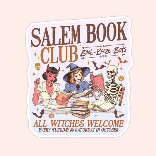 Vintage style sticker with witches, a devil girl, and skeleton reading books, surrounded by bats and pumpkins with text “Salem Book Club – All Witches Welcome.”