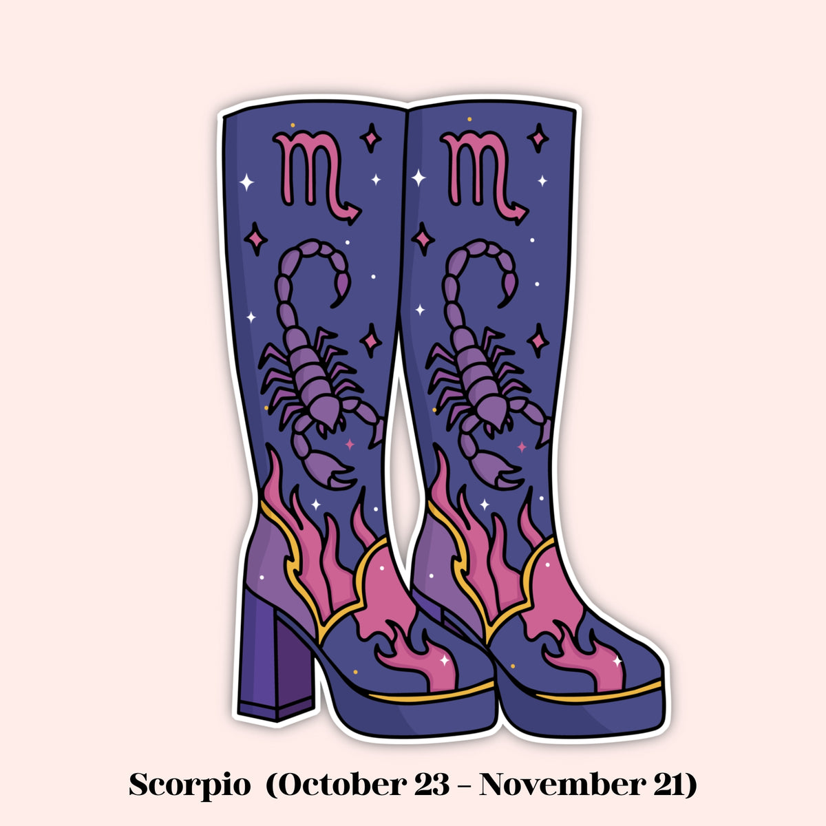 A stylized illustrated pair of tall heeled boots with a Scorpio theme, featuring a purple scorpion and the Scorpio symbol on a pink and purple background, with text below reading 'Scorpio (October 23 – November 21)'.