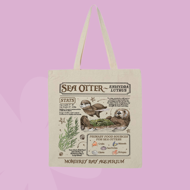 Vintage inspired sea otter tote bag with illustrated otters, ocean plants, and educational style details.