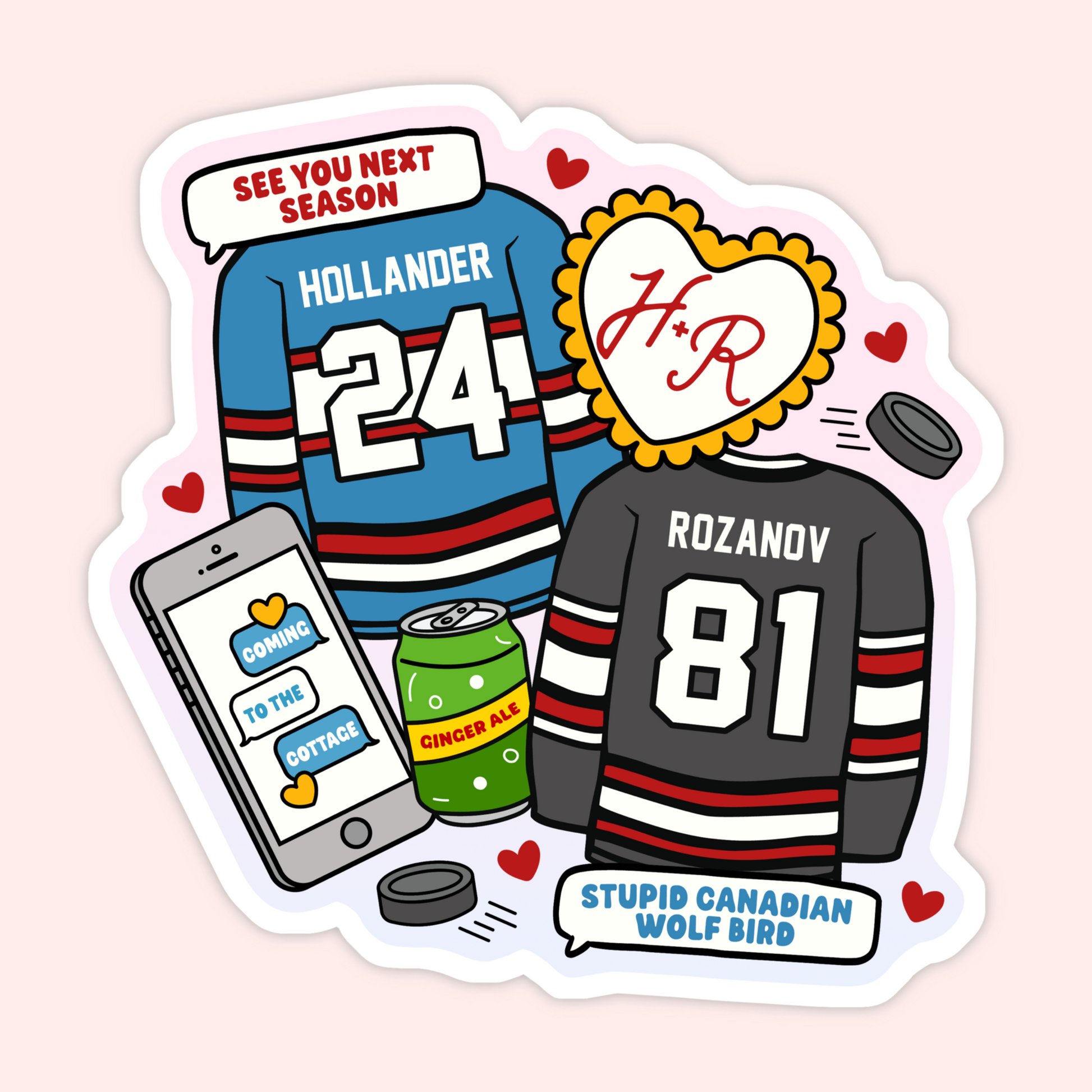 Collage-style hockey romance sticker featuring Hollander and Rozanov jerseys, text messages, ginger ale, and bookish references inspired by Heated Rivalry.