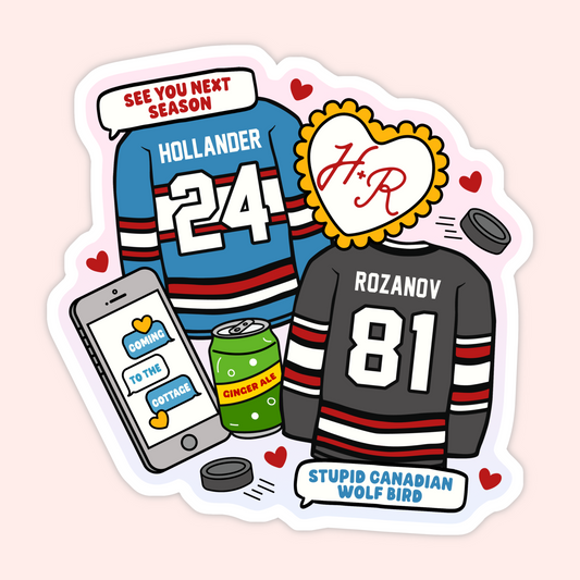 Collage-style hockey romance sticker featuring Hollander and Rozanov jerseys, text messages, ginger ale, and bookish references inspired by Heated Rivalry.