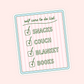 Pink self care checklist sticker with snacks, couch, blanket and books illustrated on a cozy to-do list.