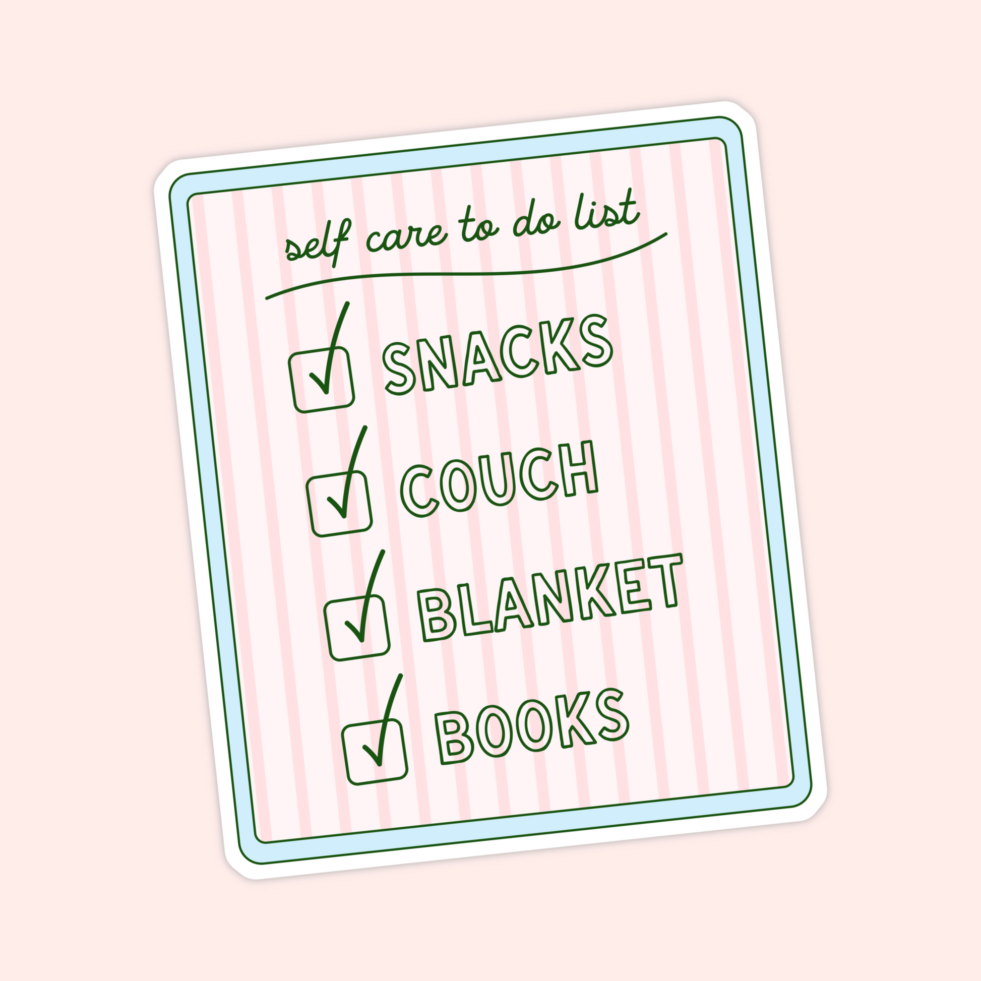 Pink self care checklist sticker with snacks, couch, blanket and books illustrated on a cozy to-do list.