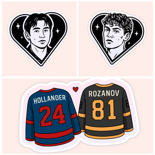 Illustrated Heated Rivalry sticker collection featuring black and white character portraits and paired hockey jerseys for Shane and Ilya.
