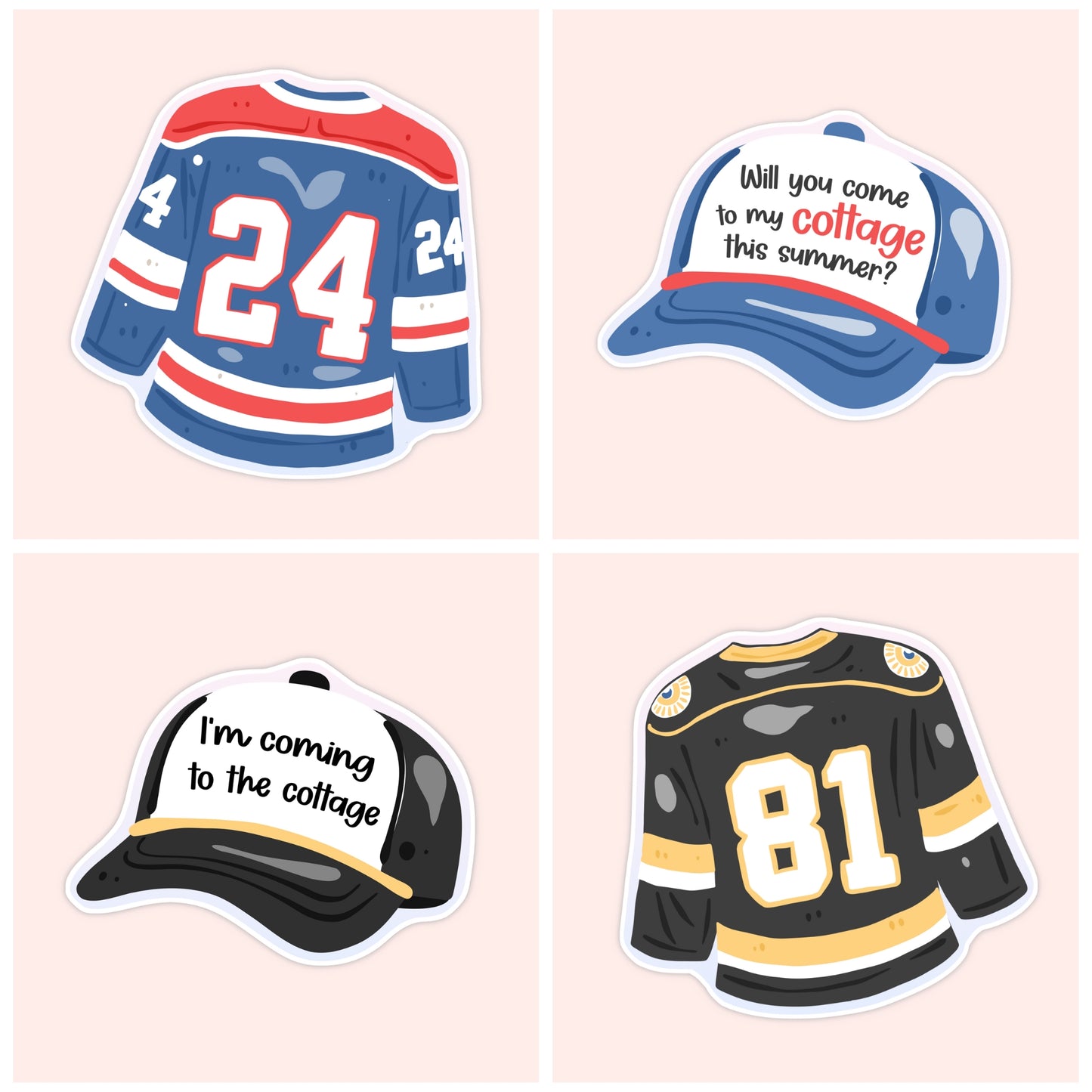 Illustrated Heated Rivalry sticker collection featuring hockey jerseys with numbers 24 and 81 and baseball caps referencing the cottage scenes.