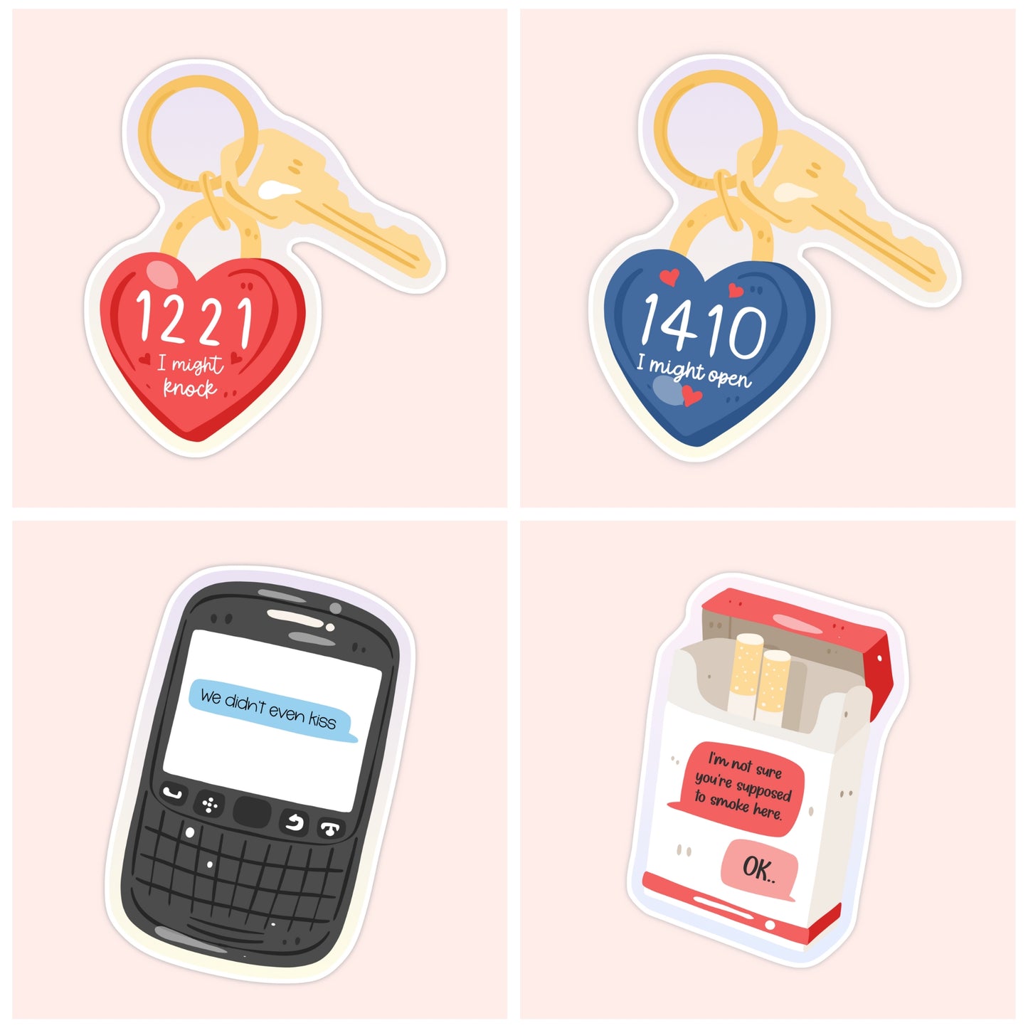 Illustrated Heated Rivalry sticker collection featuring heart key tags with apartment numbers, a phone text reading “We didn’t even kiss,” and a cigarette pack text exchange.