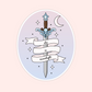Oval sticker with a sword, crescent moon, stars, and a ribbon that reads “she is moonlight.”