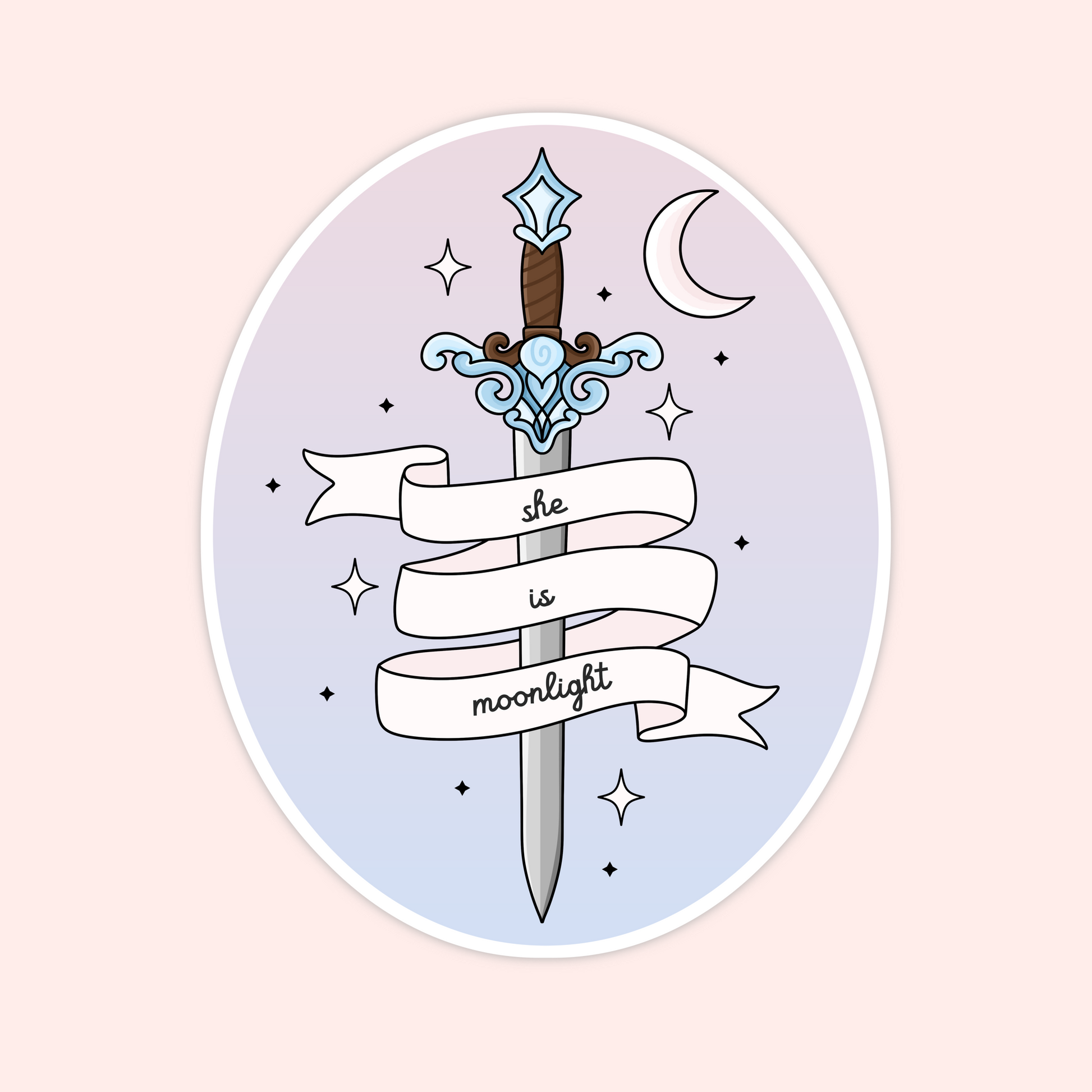 Oval sticker with a sword, crescent moon, stars, and a ribbon that reads “she is moonlight.”