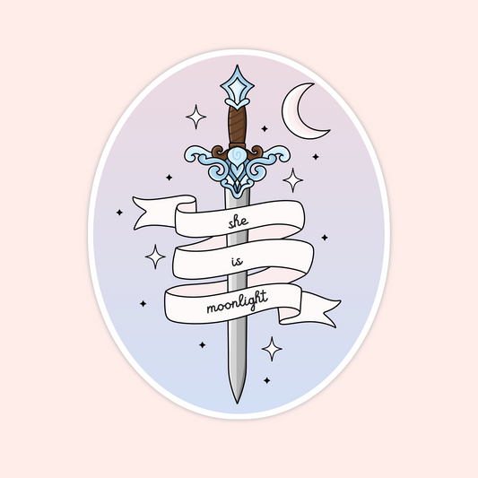 Oval sticker with a sword, crescent moon, stars, and a ribbon that reads “she is moonlight.”