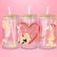 Pink glass tumbler with retro pinup illustrations inspired by Sabrina Carpenter Short N Sweet aesthetic.