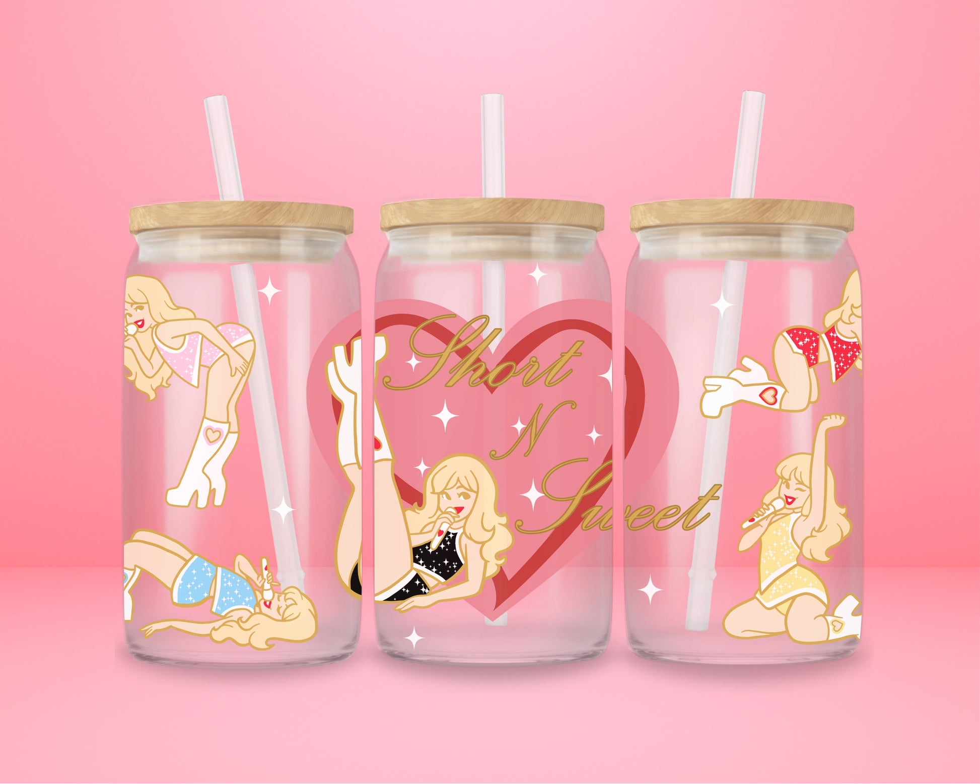 Pink glass tumbler with retro pinup illustrations inspired by Sabrina Carpenter Short N Sweet aesthetic.
