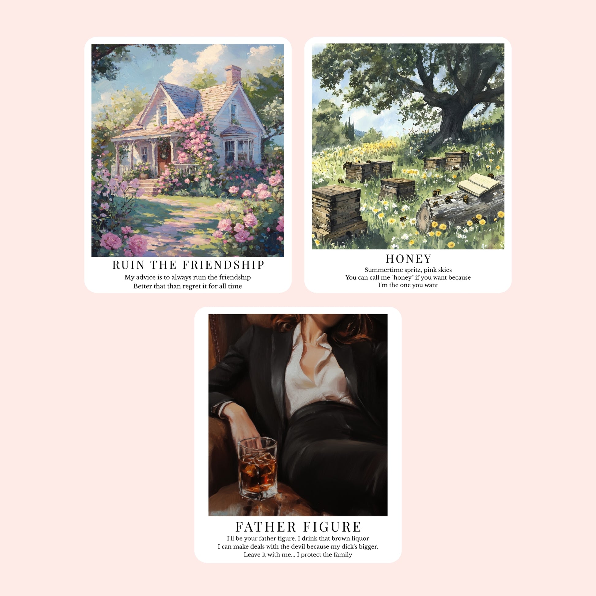 Clear laminate Showgirl era song stickers featuring dreamy illustrated designs for Ruin The Friendship, Honey, Father Figure, The Fate Of Ophelia, Opalite, Eldest Daughter, and Actually Romantic.