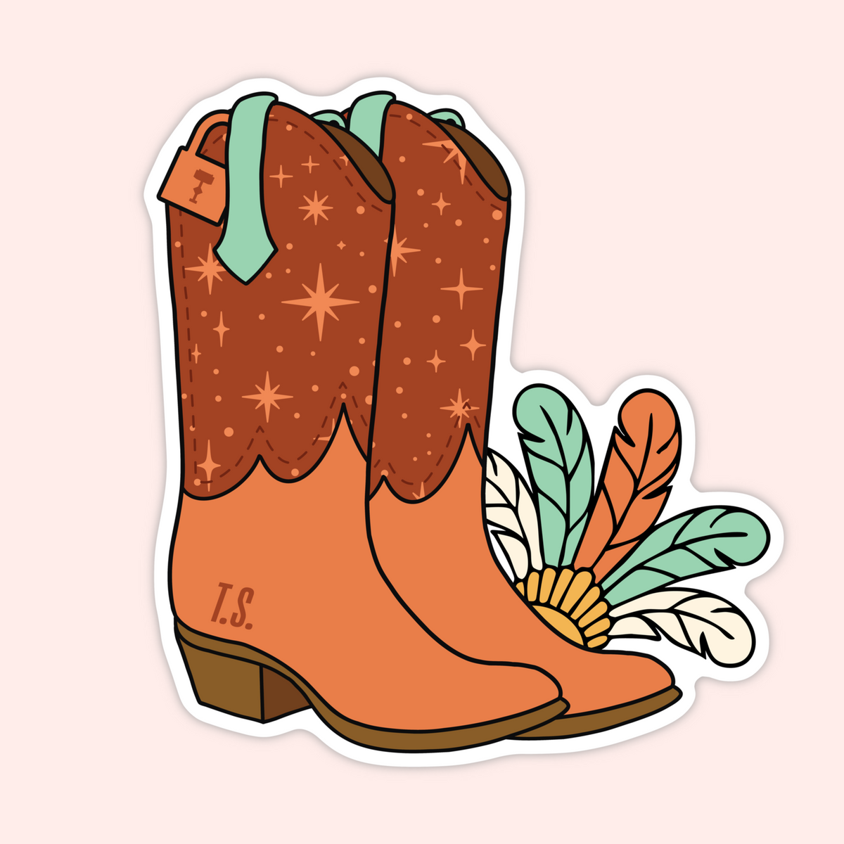A die-cut sticker featuring an illustrated pair of cowboy boots. The boots are brown with star patterns on the shafts, tan lower sections, a mint green pull tab, and decorative feathers in teal, orange, and white.