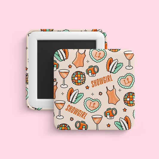 Showgirl pattern magnet with disco balls, martinis, feathers and girly icons