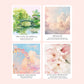 Clear laminate Showgirl era song stickers featuring dreamy illustrated designs for Ruin The Friendship, Honey, Father Figure, The Fate Of Ophelia, Opalite, Eldest Daughter, and Actually Romantic.