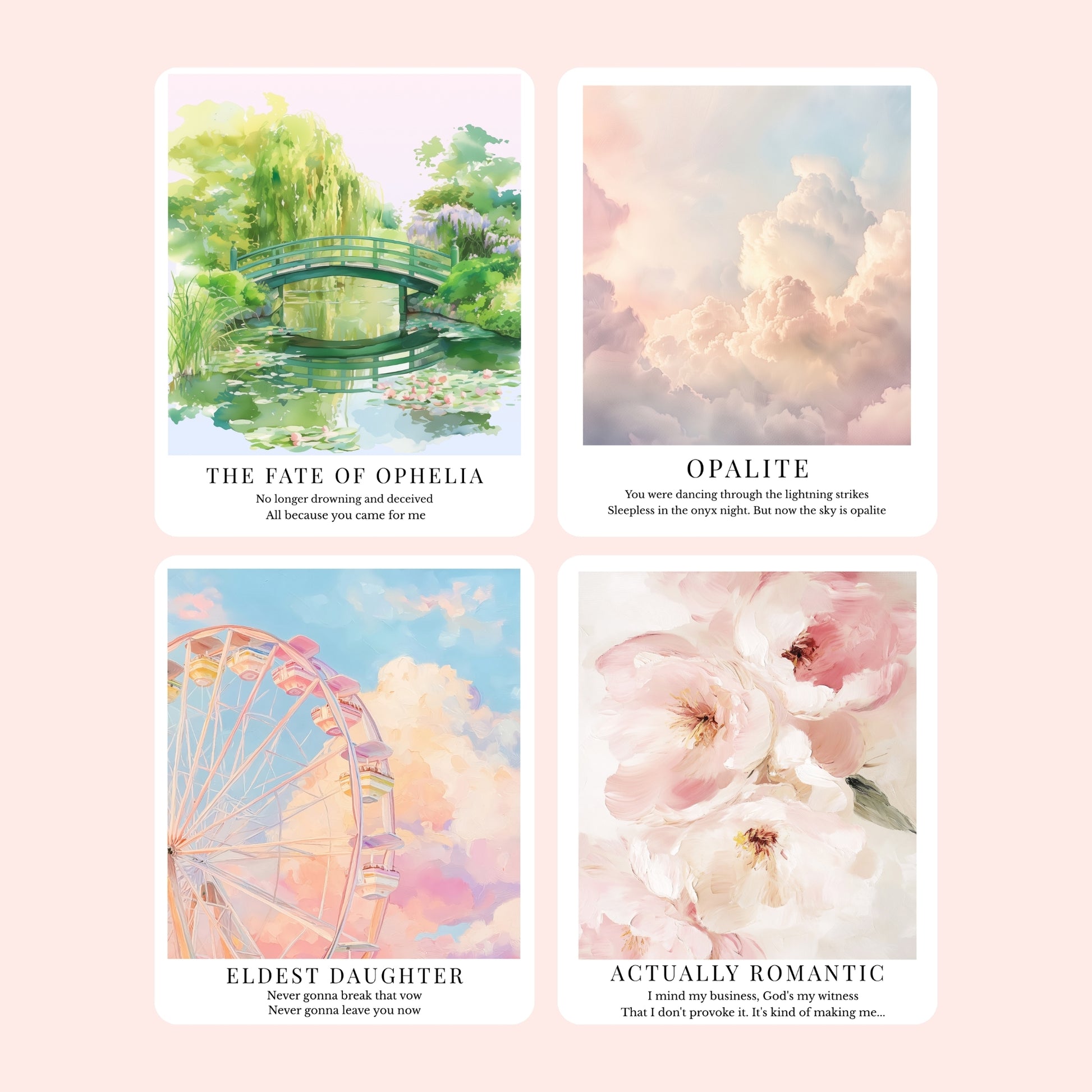 Clear laminate Showgirl era song stickers featuring dreamy illustrated designs for Ruin The Friendship, Honey, Father Figure, The Fate Of Ophelia, Opalite, Eldest Daughter, and Actually Romantic.