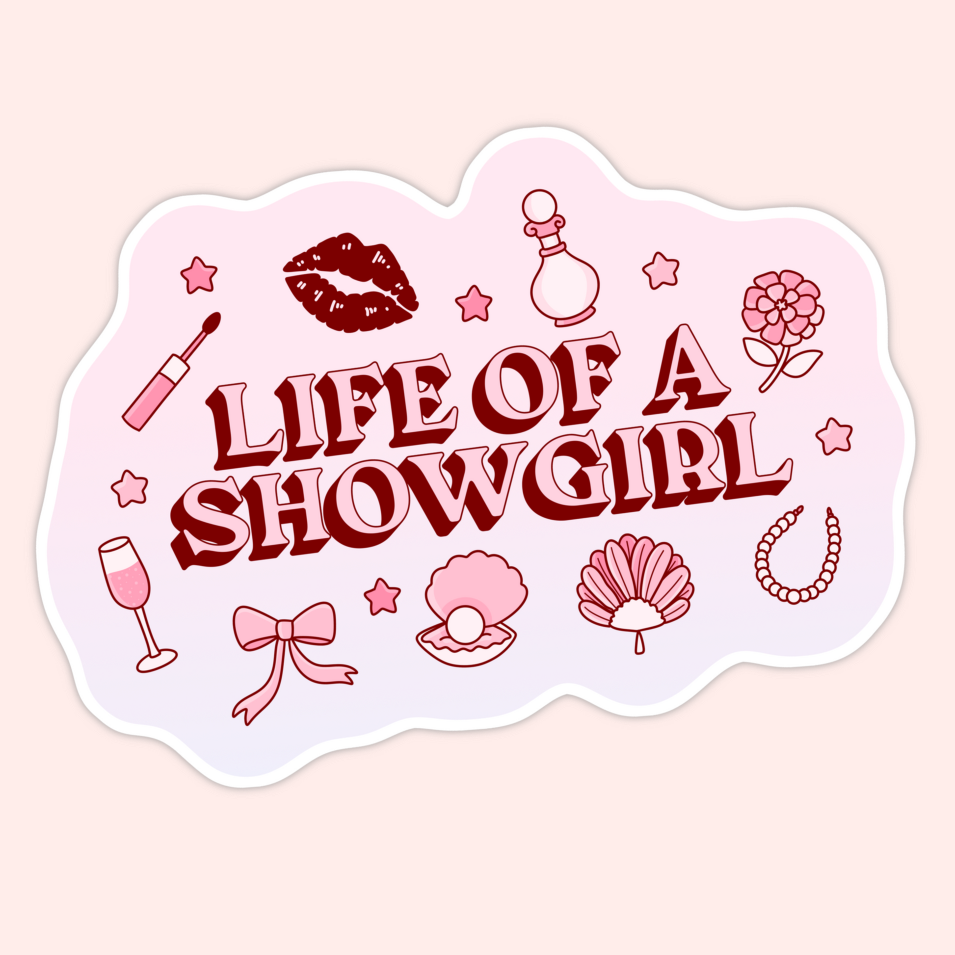 Pink and red retro-inspired vinyl sticker featuring the phrase “Life of a Showgirl” surrounded by glamorous icons like pearls, bows, lipstick, and champagne.