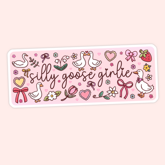Cute silly goose girlie sticker with geese, bows, flowers, hearts, strawberries, and soft pink coquette details.