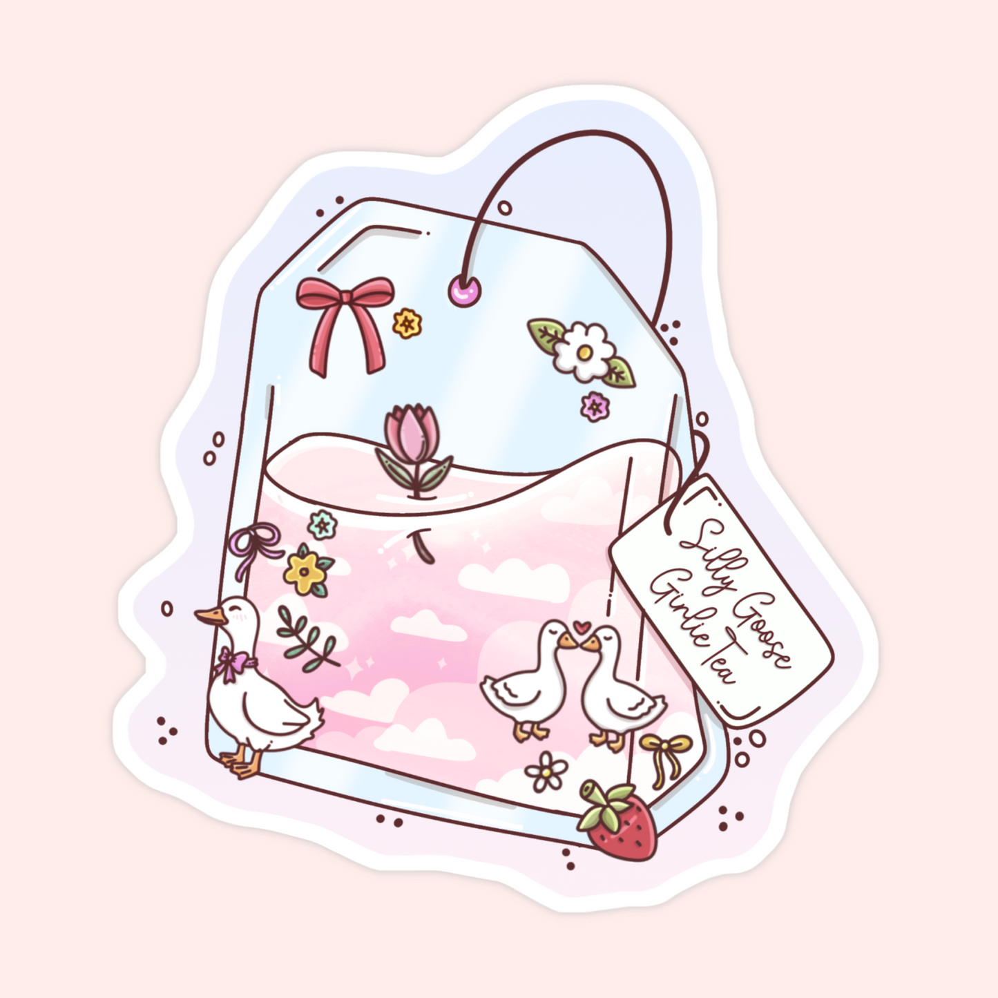Cute silly goose tea bag sticker with geese, flowers, pink clouds, bow details, and a strawberry.