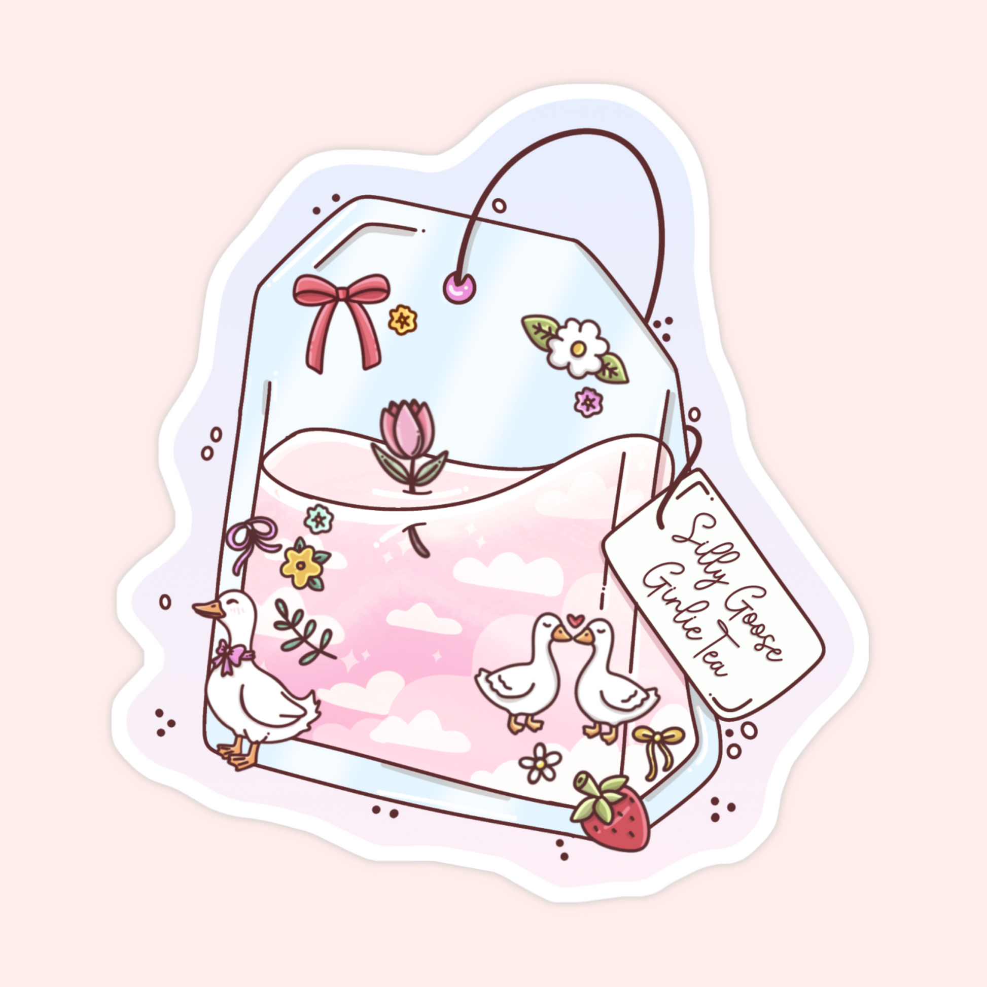 Cute silly goose tea bag sticker with geese, flowers, pink clouds, bow details, and a strawberry.