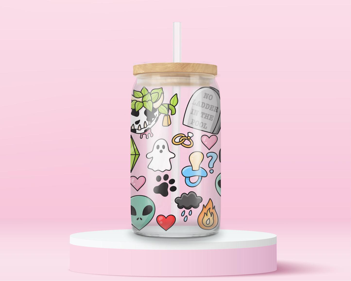 Glass cup with playful Sims-inspired icons including ghosts, plumbobs, gravestones that read “No Ladder in the Pool,” hearts, aliens, skull plants, and colorful objects.