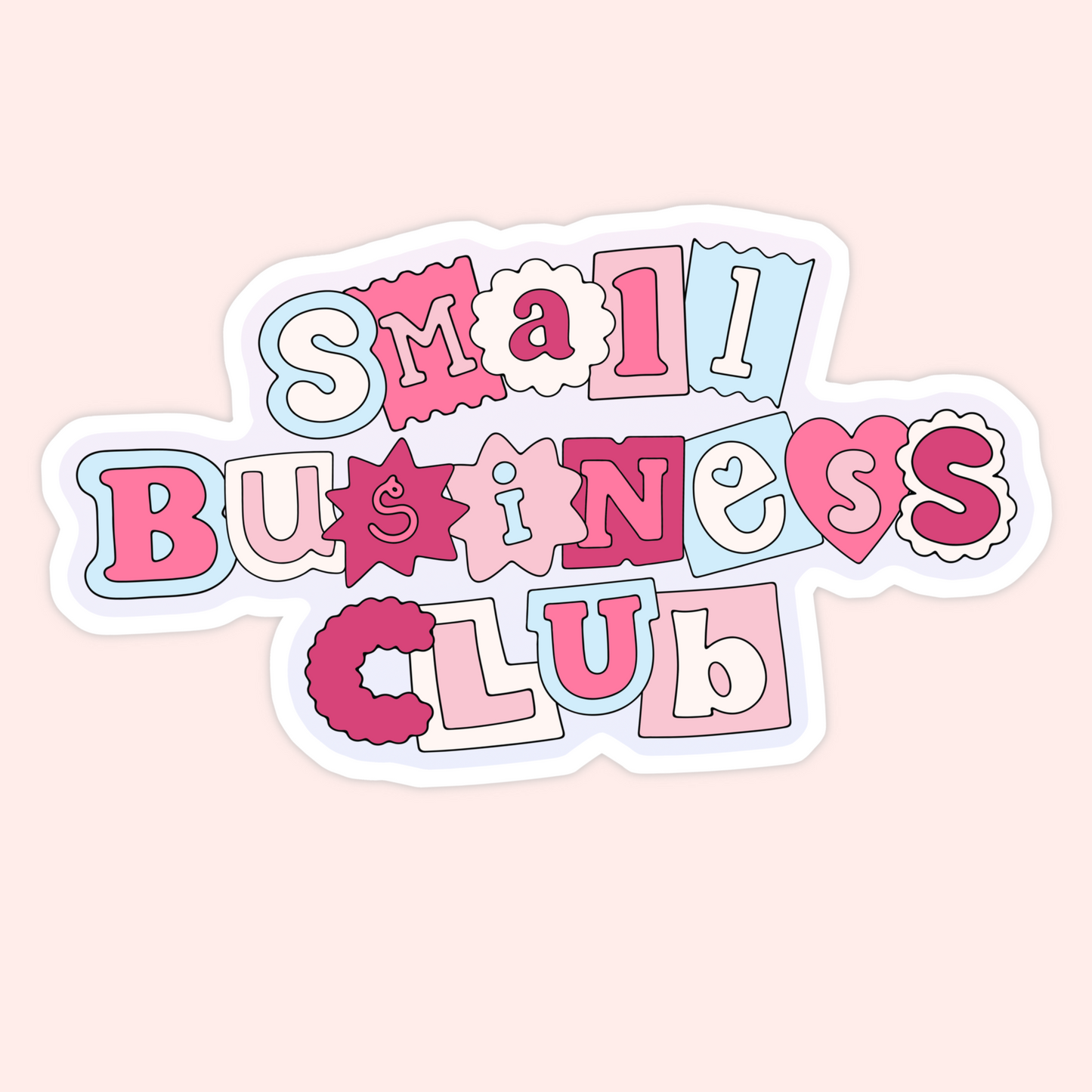 Colorful vinyl sticker featuring the phrase “Small Business Club” in playful block lettering with hearts and retro shapes.