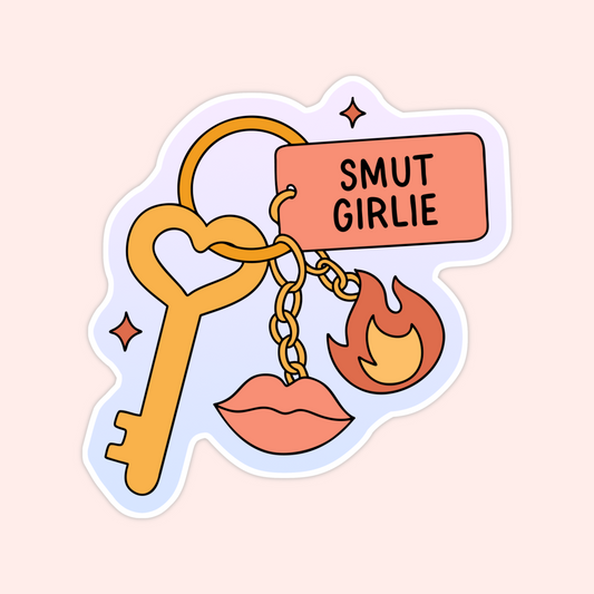 Bookish keychain sticker with a heart key, a “Smut Girlie” tag, a flame charm, and lips charm, designed in a playful pastel palette.