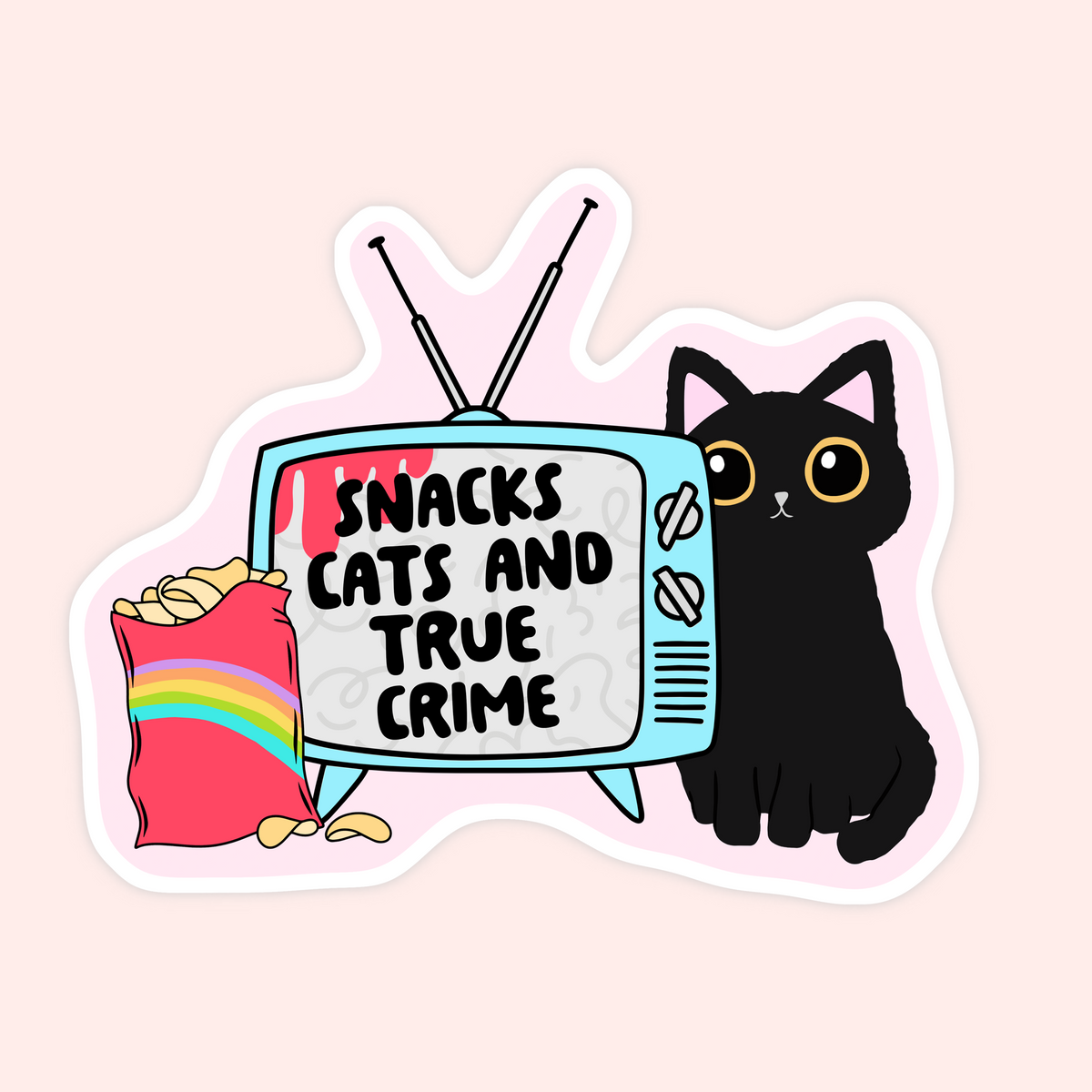 A die-cut sticker featuring a cartoon black cat next to a retro light blue television with the text 'SNACKS CATS AND TRUE CRIME'. A pink bag of chips with a rainbow stripe sits on the TV, and the sticker is shown on a pale pink background.