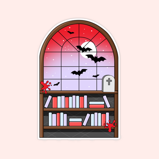 spooky bookshelf sticker bats moon window gothic reader aesthetic