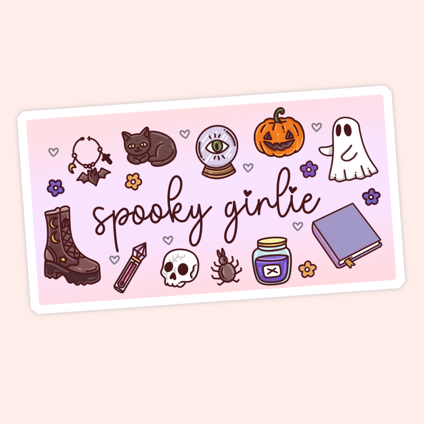 Cute spooky girlie sticker with a ghost, black cat, pumpkin, crystal ball, skull, spider, boots, potion jar, and book.