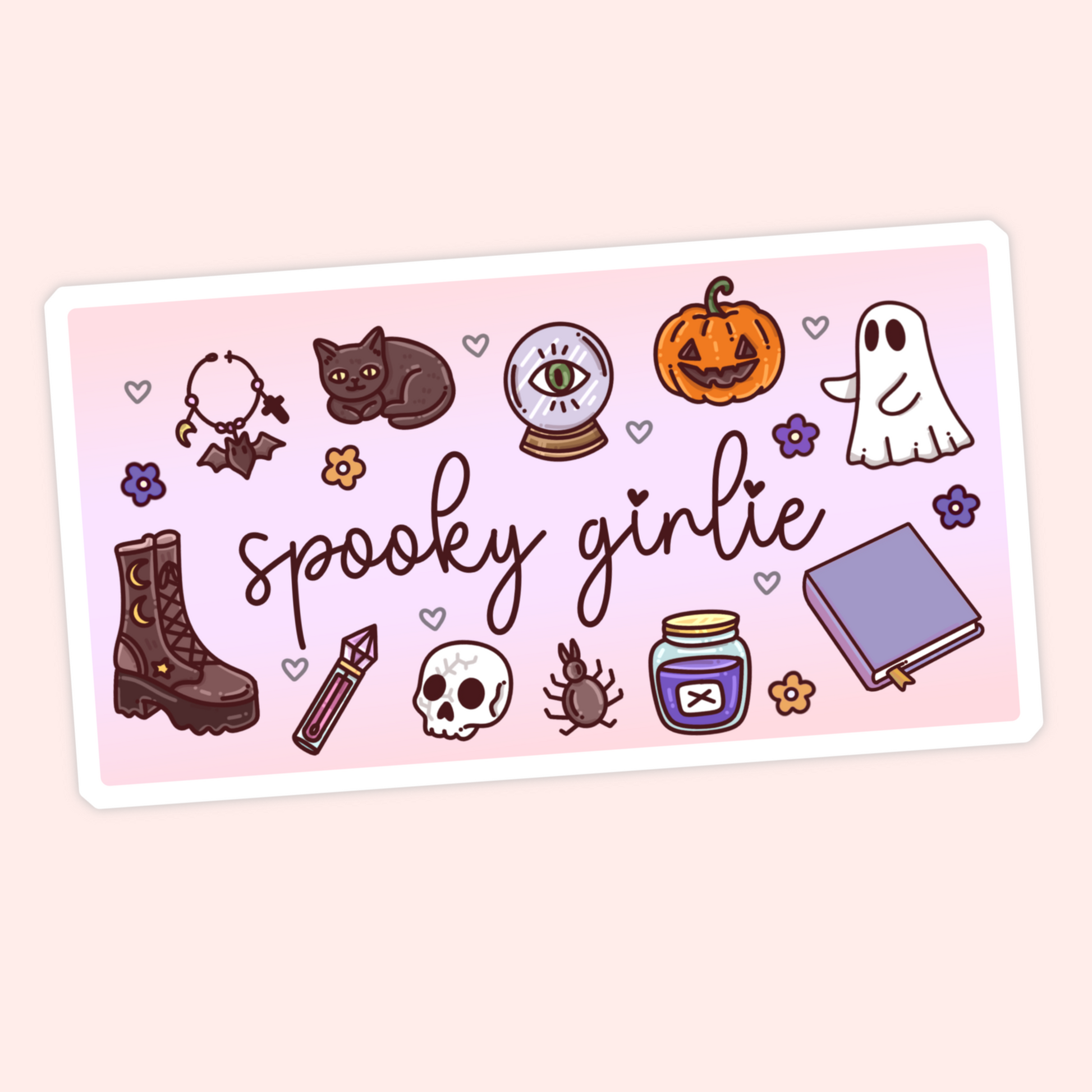 Cute spooky girlie sticker with a ghost, black cat, pumpkin, crystal ball, skull, spider, boots, potion jar, and book.
