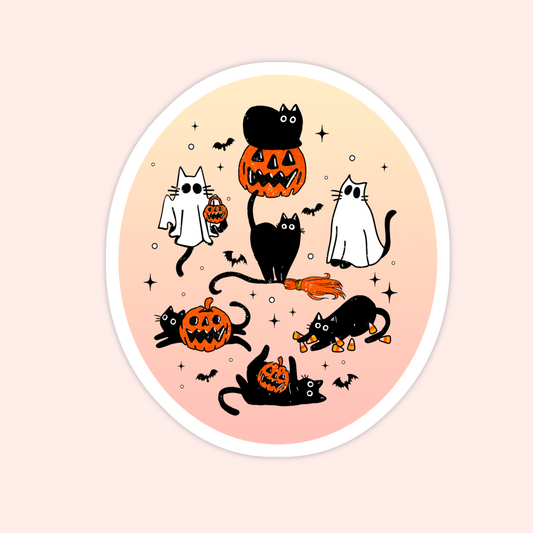Round Halloween sticker with black cats in ghost costumes, pumpkins, and bats on a pastel gradient background.