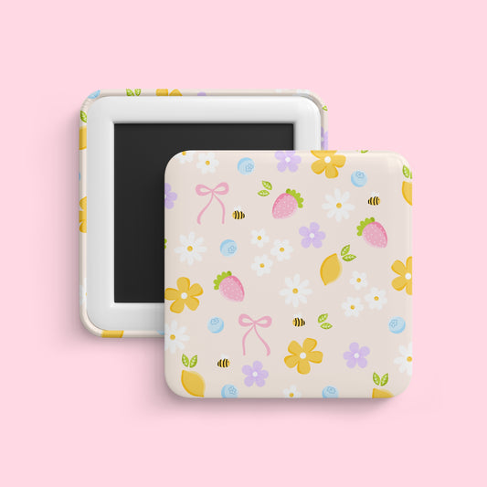Spring pattern magnet with flowers, strawberries, lemons, bows and bees
