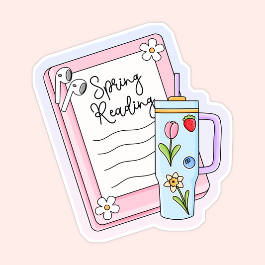 spring reading sticker book list earbuds tumbler aesthetic