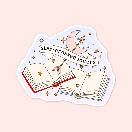 Bookish romance sticker with two open books, stars, a crescent moon, arrow, and banner that says “star-crossed lovers.”