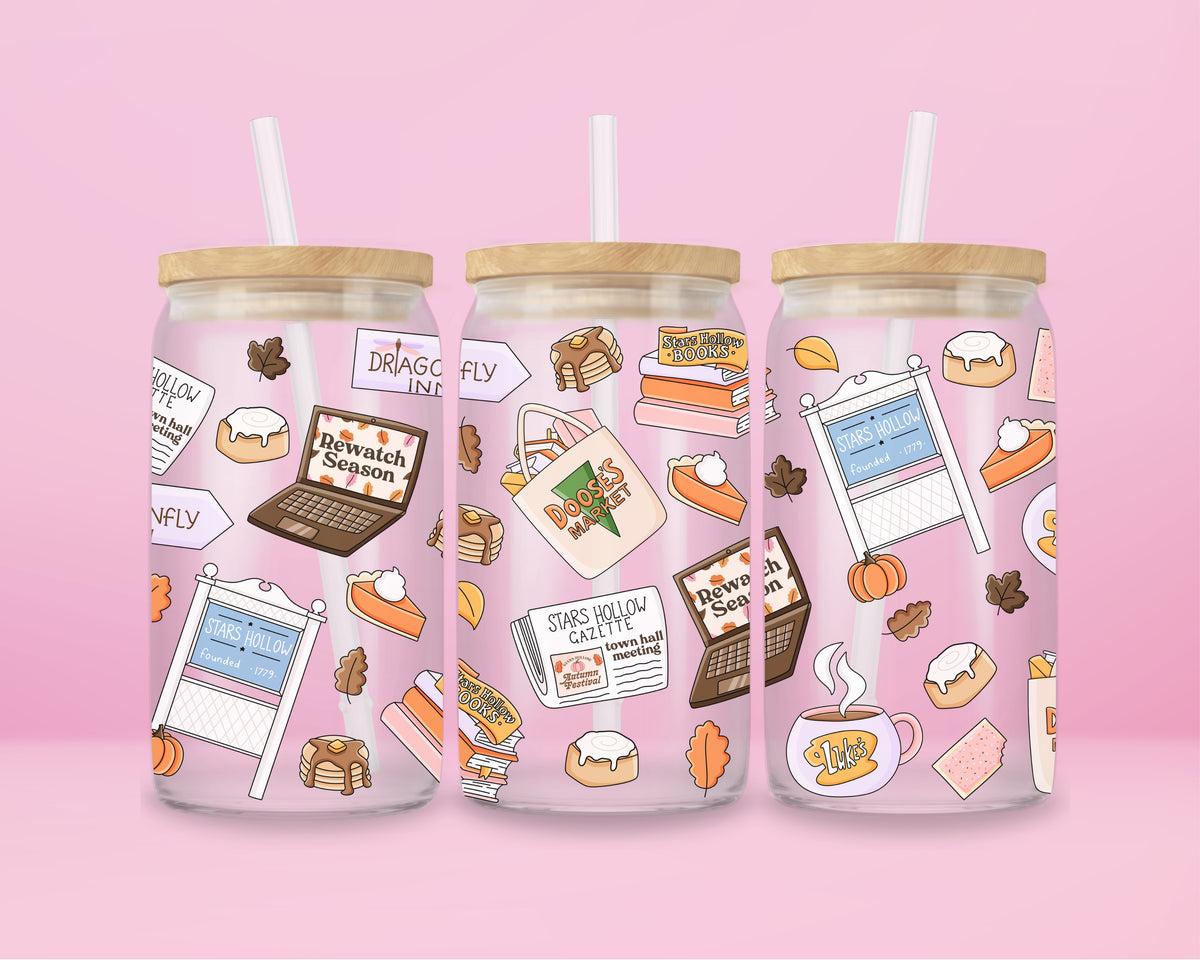 16oz Stars Hollow inspired glass tumbler with Luke's coffee, books, pancakes and fall illustrations