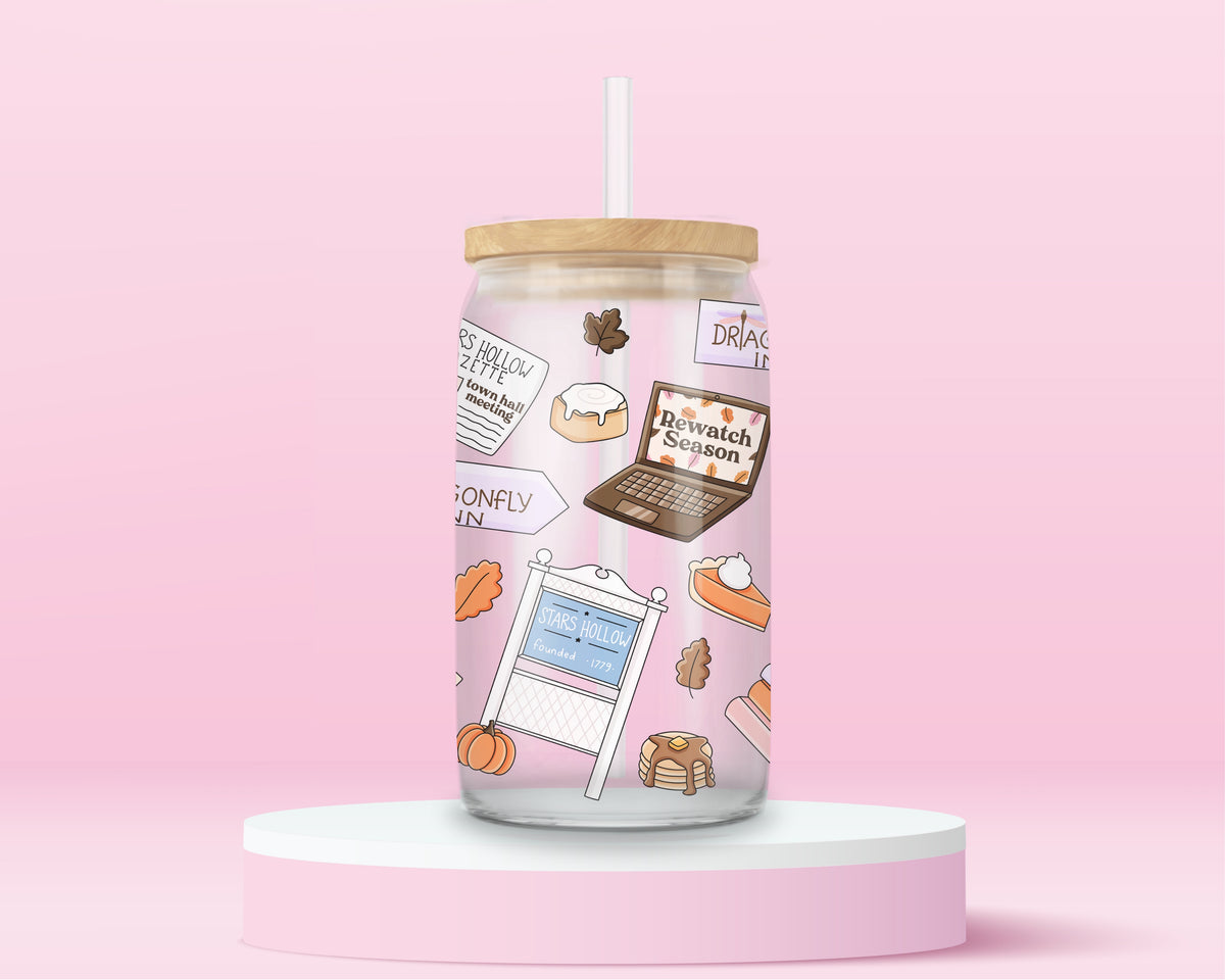16oz Stars Hollow inspired glass tumbler with Luke's coffee, books, pancakes and fall illustrations