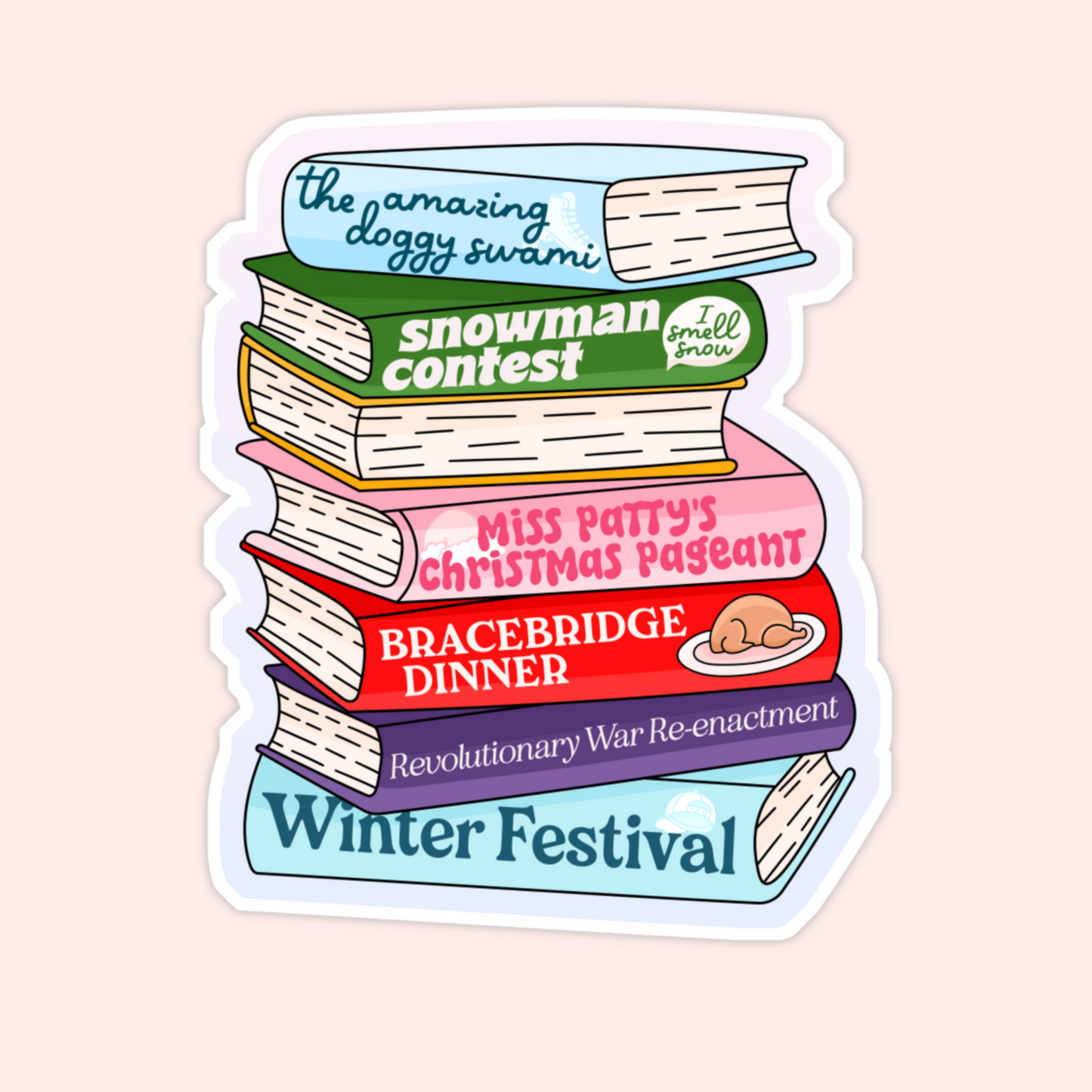 A whimsical book stack vinyl sticker inspired by Stars Hollow winter festivals. Perfect for book lovers, cozy season fans, and Gilmore Girls–inspired collections.