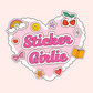 Cute pink heart sticker that says Sticker Girlie with cherries, rainbow, flowers, bow, hearts, and book details.