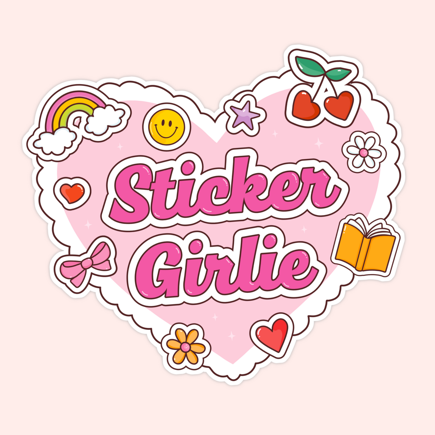 Cute pink heart sticker that says Sticker Girlie with cherries, rainbow, flowers, bow, hearts, and book details.